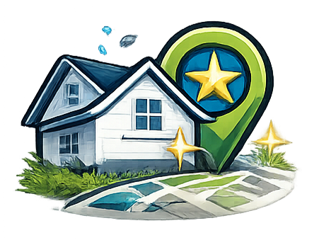A stylized illustration of a white house with a green map pin icon featuring a yellow star.