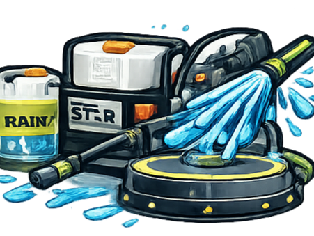 Pressure washer with a surface cleaner attachment, water spraying, and a yellow Rain cleaning solution container.