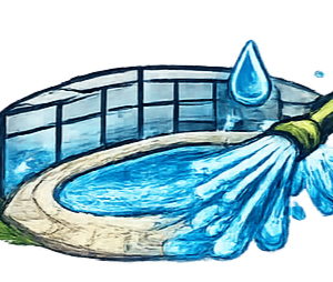 A hose sprays water into a blue, oval-shaped swimming pool surrounded by a fence.