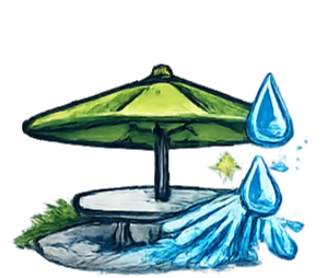 A green umbrella over a table with blue water droplets falling onto a splash on the ground.