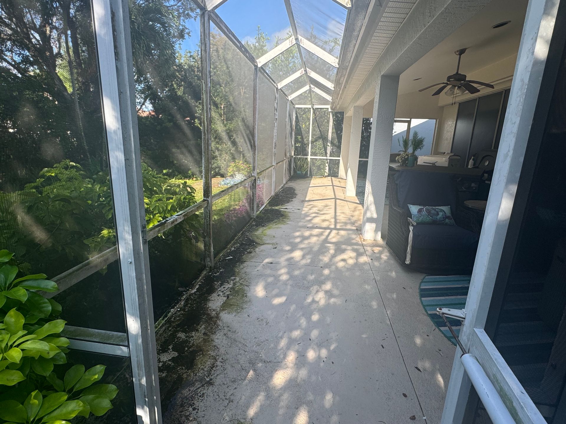 A screened-in patio with light-colored flooring, looking out toward dense green trees and vegetation.