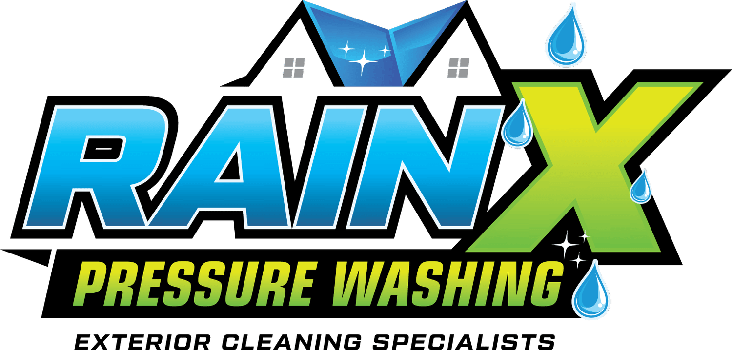 Logo for Rain X Pressure Washing, featuring blue and lime green text, a house roof icon, and water droplets on white.