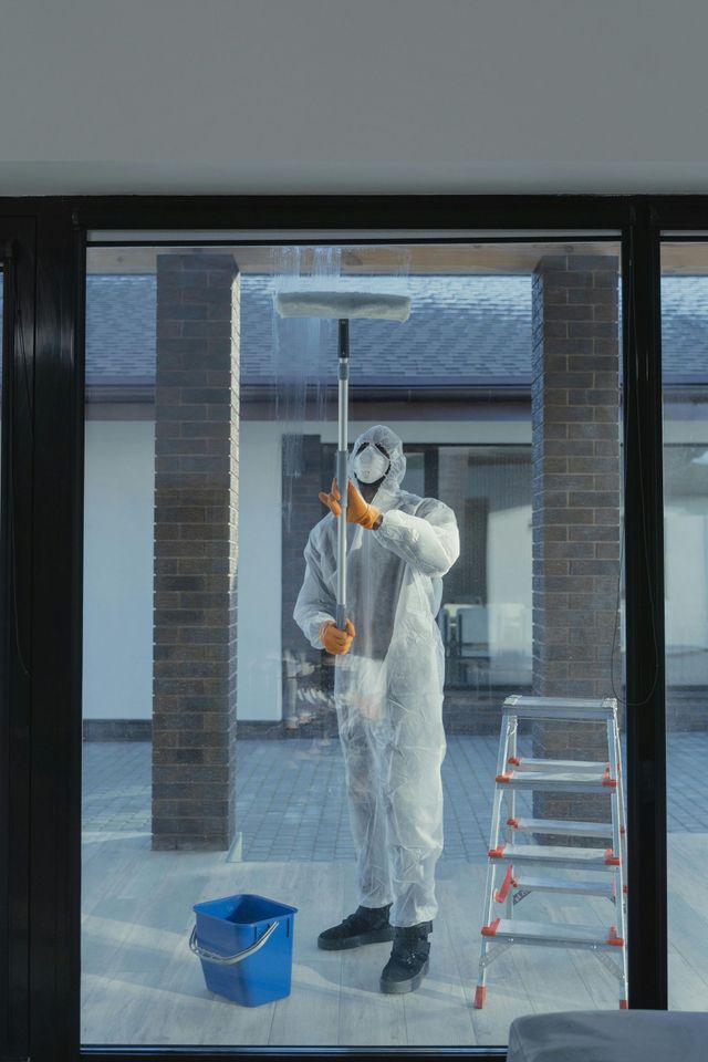 A person in a protective white suit and orange gloves uses a long squeegee to clean a glass door near a step ladder.