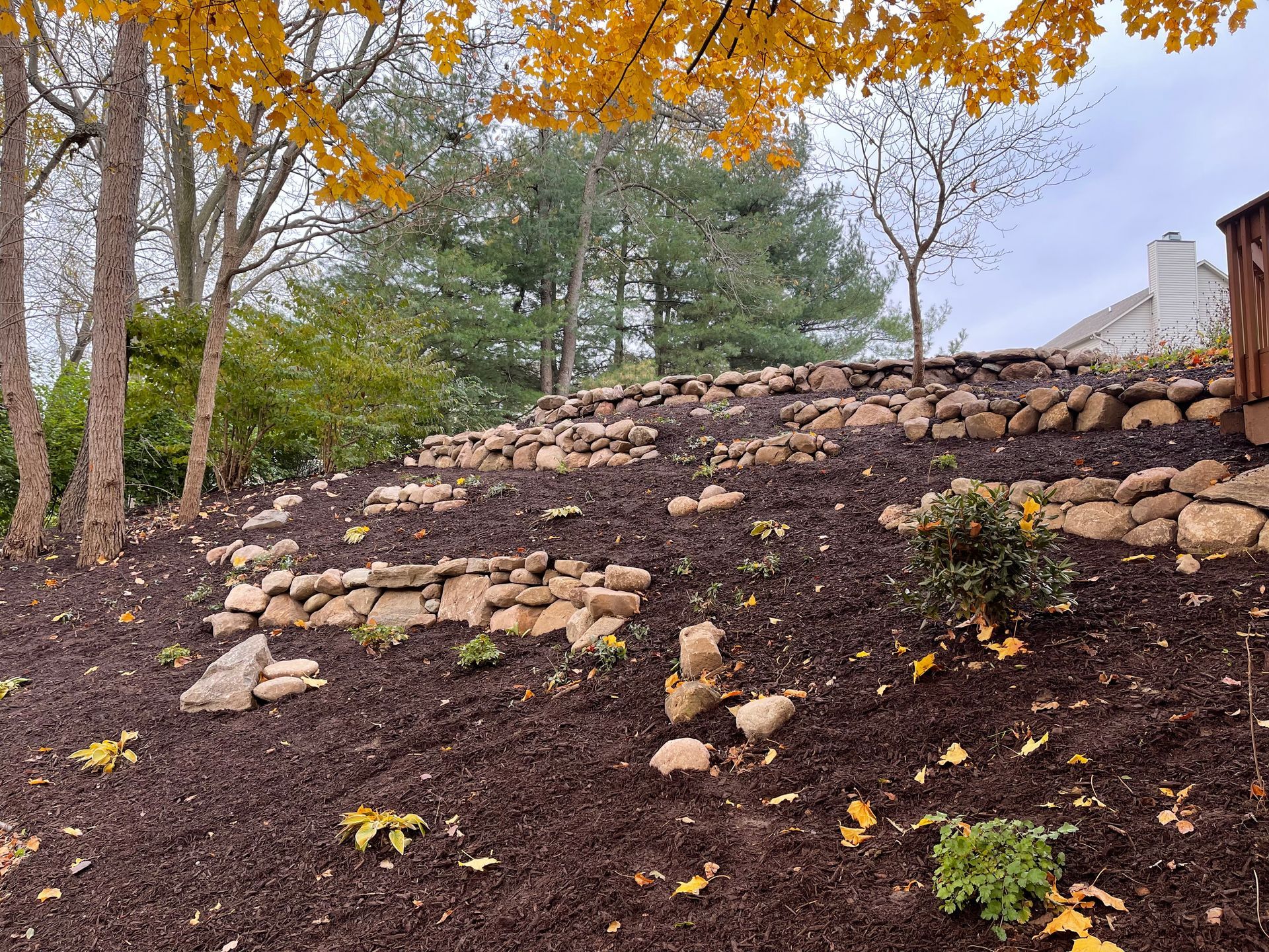 A hillside covered in rocks and mulch with trees in the background.