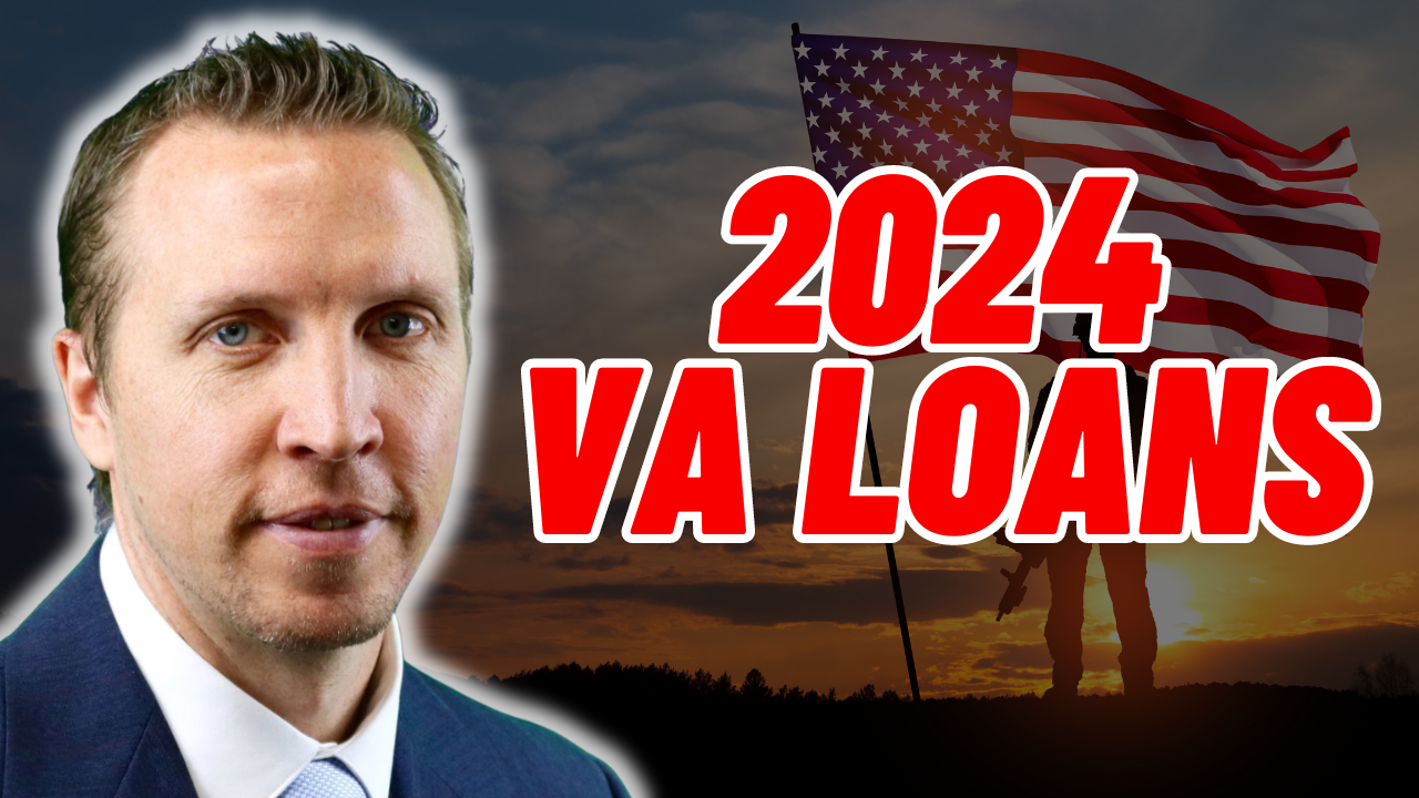 a man in a suit and tie stands in front of an american flag and the words 2024 va loans