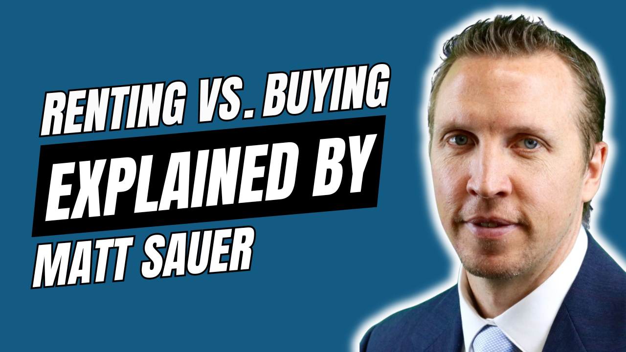 A man in a suit and tie is explaining renting vs. buying