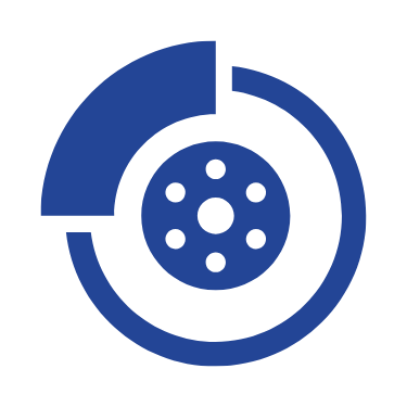 A blue and white icon of a brake disc on a white background.