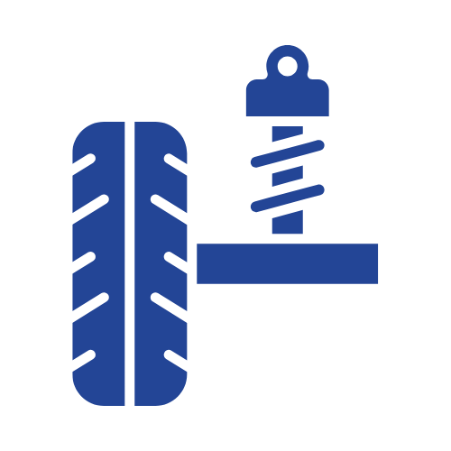 A blue icon of a tire and shock absorber on a white background.