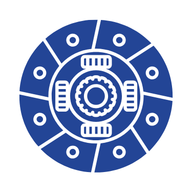 A blue and white icon of a clutch plate on a white background.