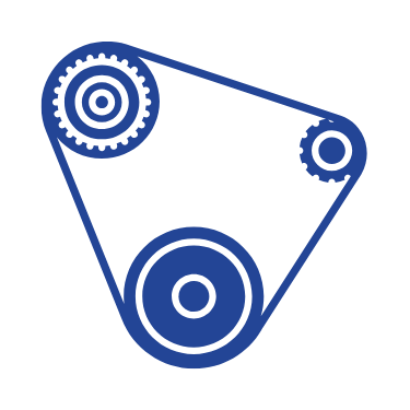 A blue icon of a belt with gears on it.