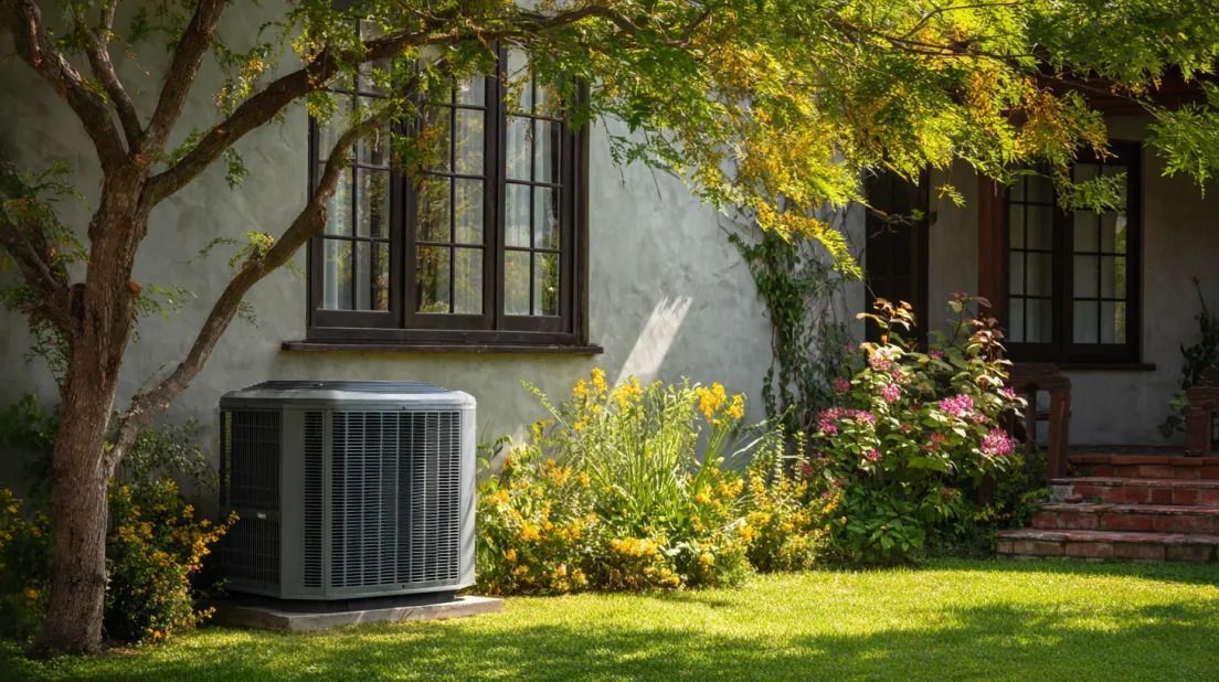House exterior with window, tree, air conditioner, and sunlit garden flowers