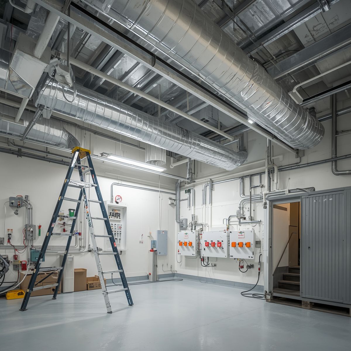 A white truck is parked in a parking lot next to a building.