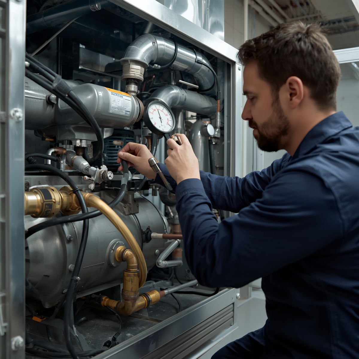 Technician inspecting gauges and pipes inside a mechanical equipment cabinet