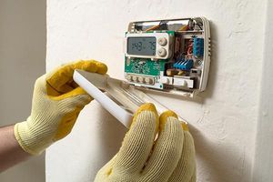 Gloved hands installing a white thermostat on a wall with exposed wiring
