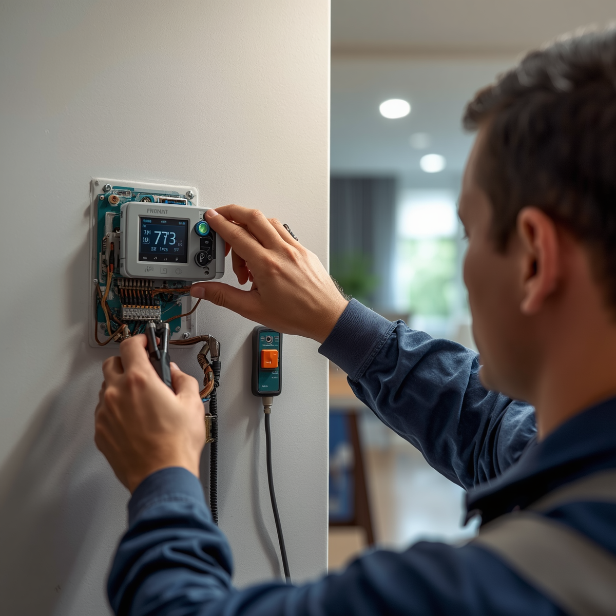 Person adjusts a wall-mounted digital thermostat in a home hallway