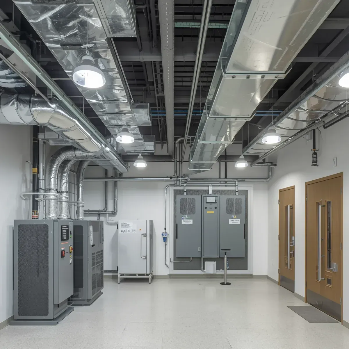 Industrial utility room with exposed ceiling ductwork, electrical panels, and white walls