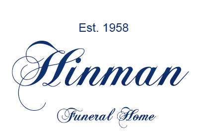 Hinman Funeral Home logo: navy script text, 