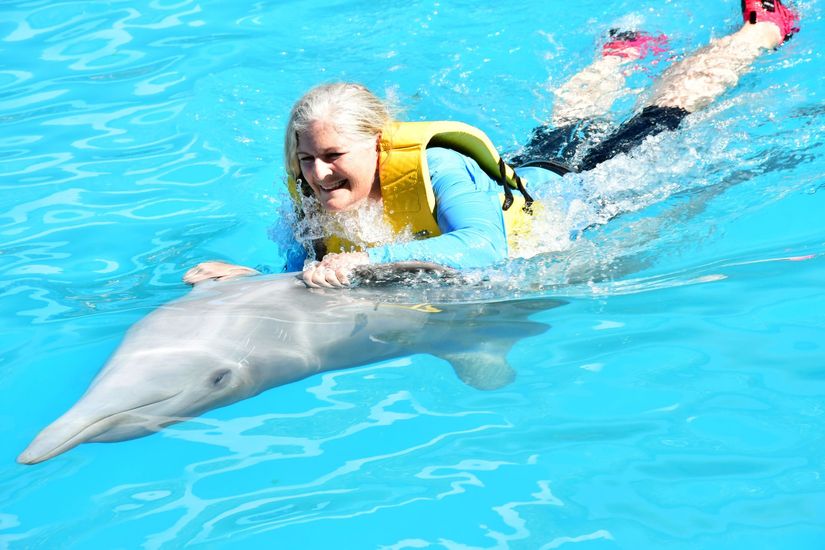 A woman wearing a hat and sunglasses is standing next to a fence.