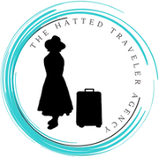 A silhouette of a woman standing next to a suitcase in a circle.