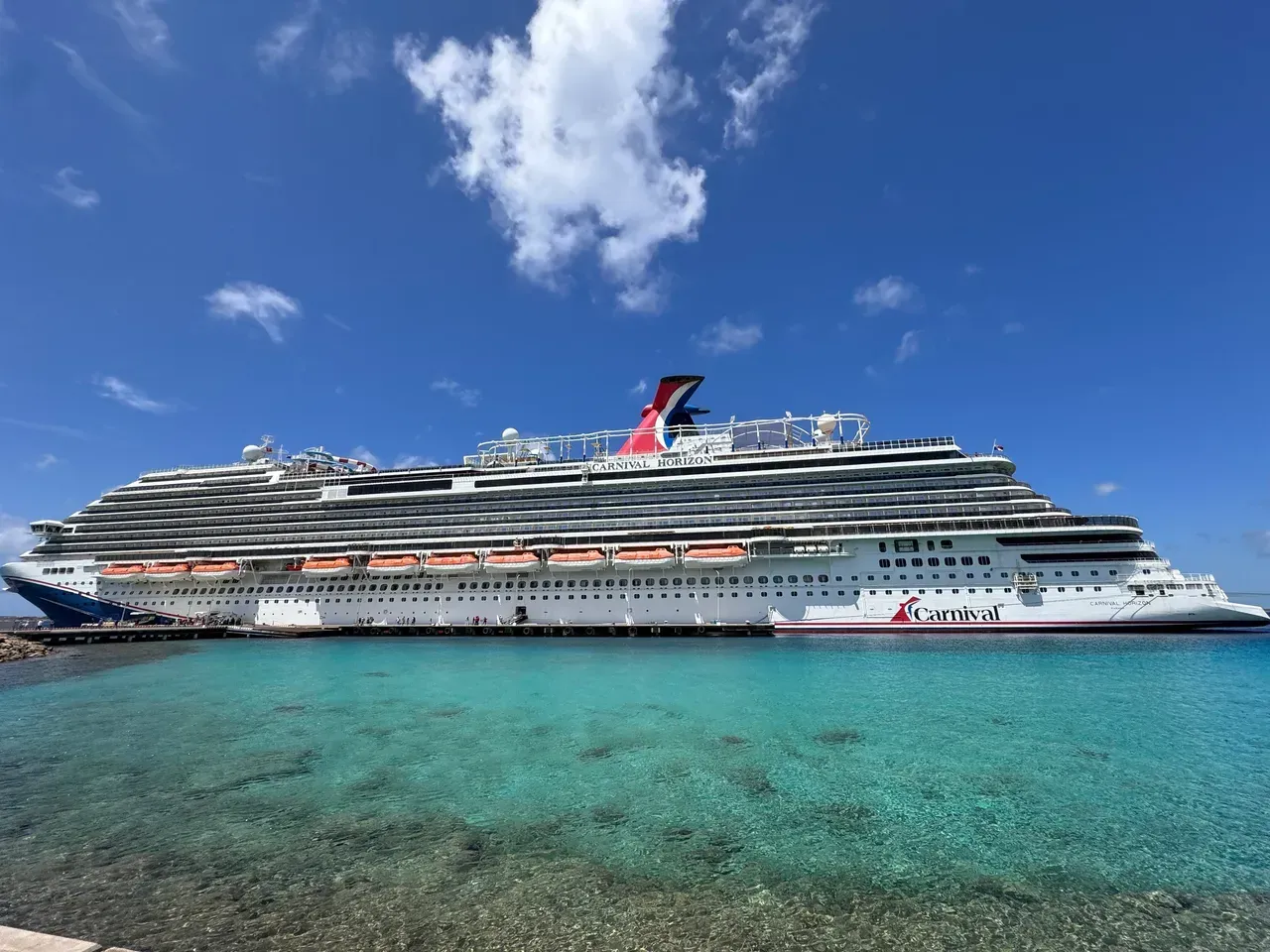 A large cruise ship is docked in the water.