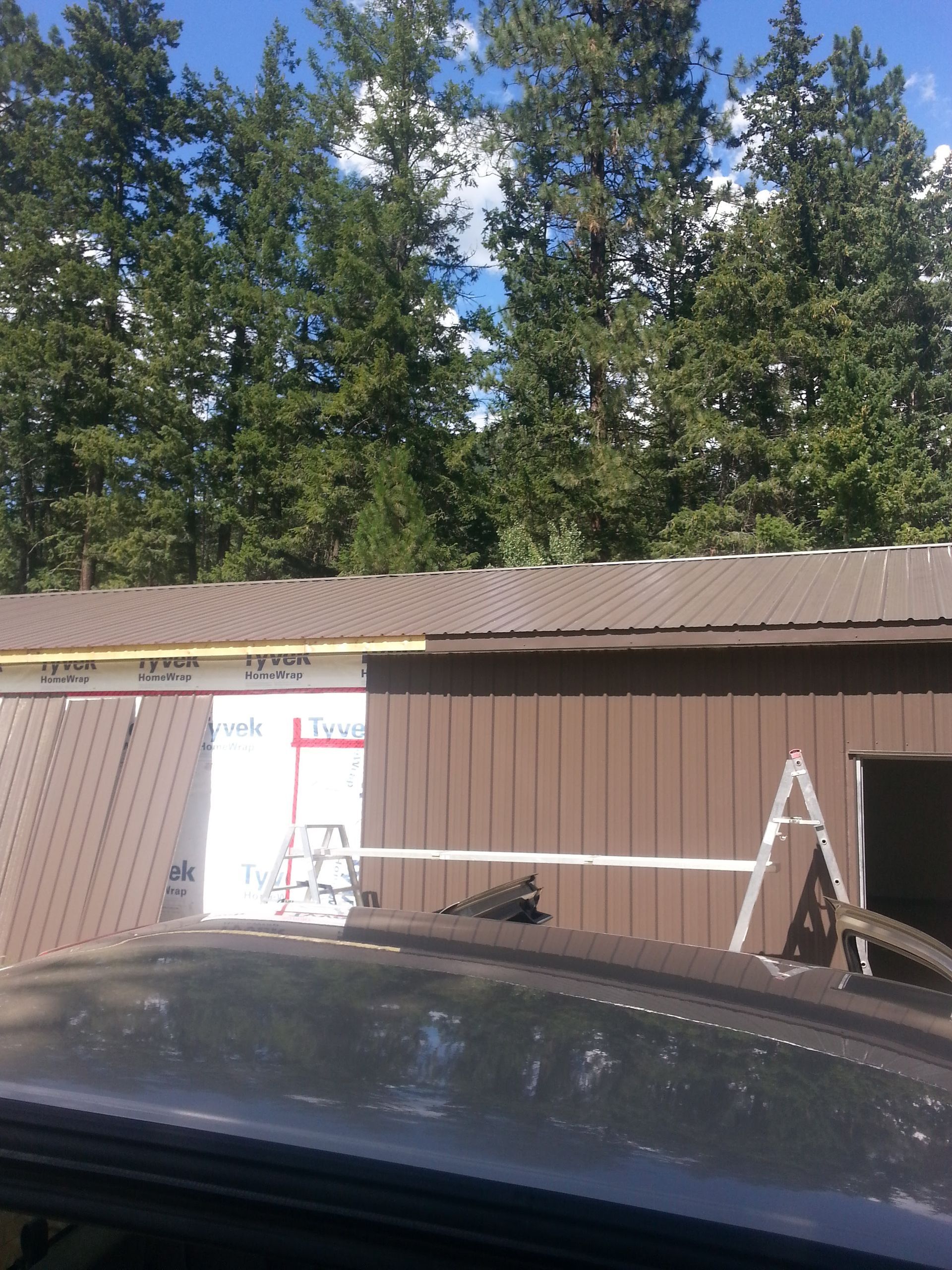A shed with brown siding being constructed; ladder, and scaffolding in use; trees in background.
