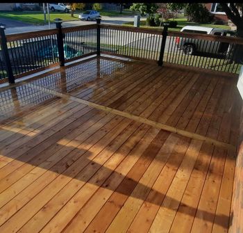 Wooden deck with black railing and a wet, shiny surface.