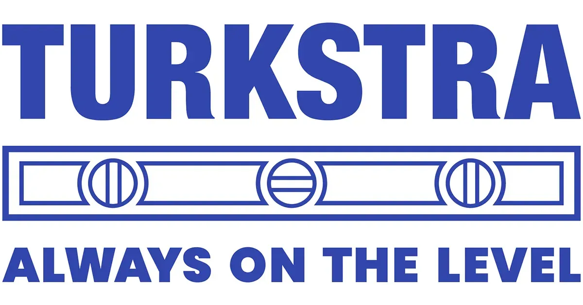 Blue Turkstra logo with a level in the center and the tagline