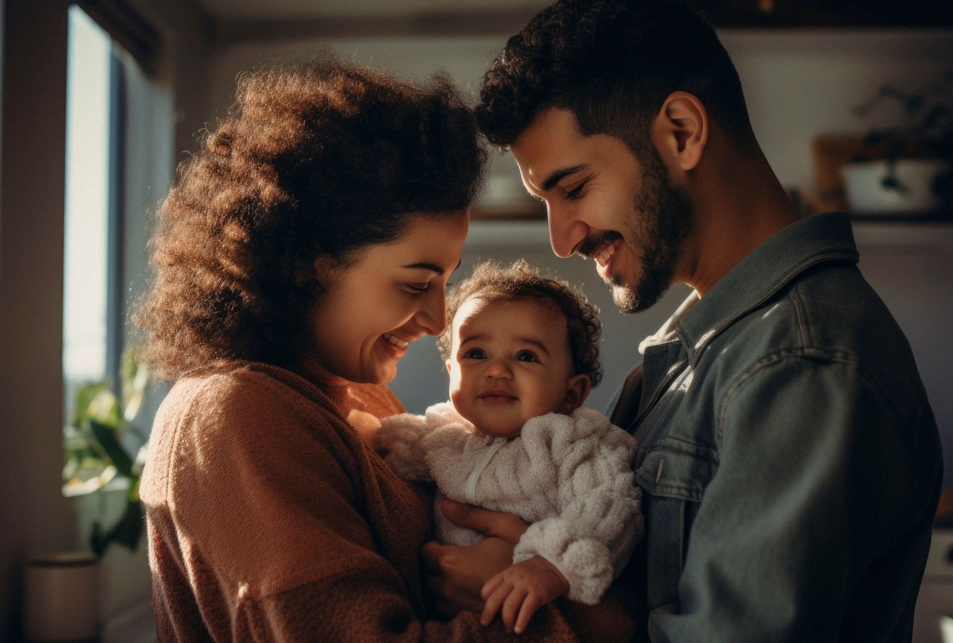 Smiling parents holding baby indoors. Sunlight highlights faces, adding warmth.