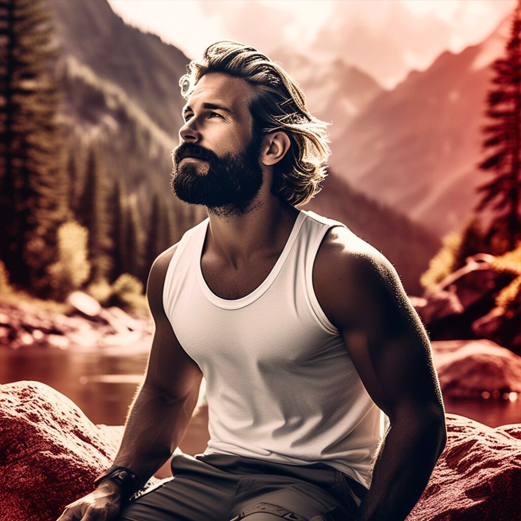 Man in white tank top looking upward, with a beard, outdoors in front of mountains and trees.