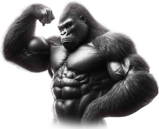 Muscular gorilla flexes arm, displaying defined abs.