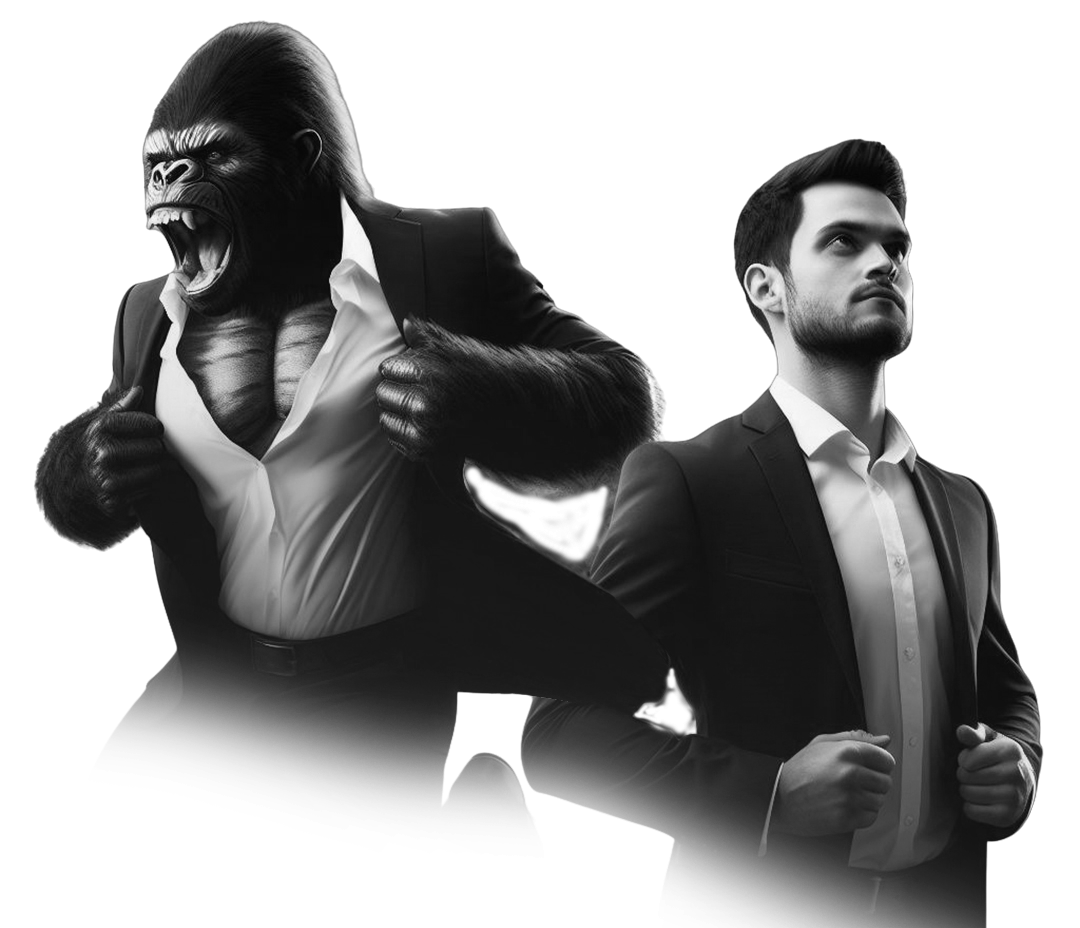 A gorilla in a suit, tearing it open, next to a man in a suit looking upward.