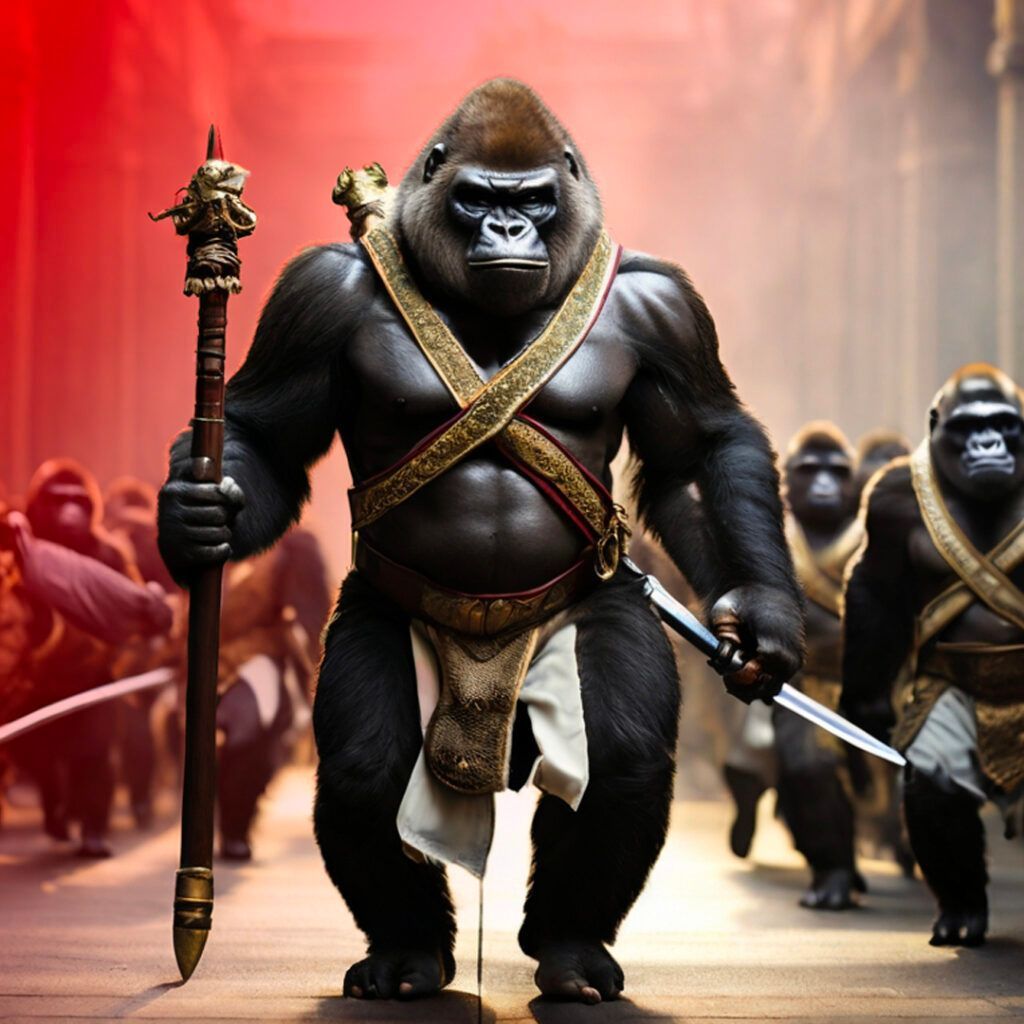 A gorilla leader in gold armor and staff leads a troop, a dagger in hand, against a red-lit background.