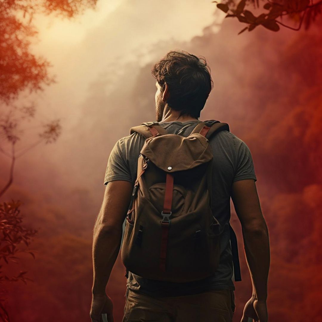 Man with backpack looking at a red, misty landscape.