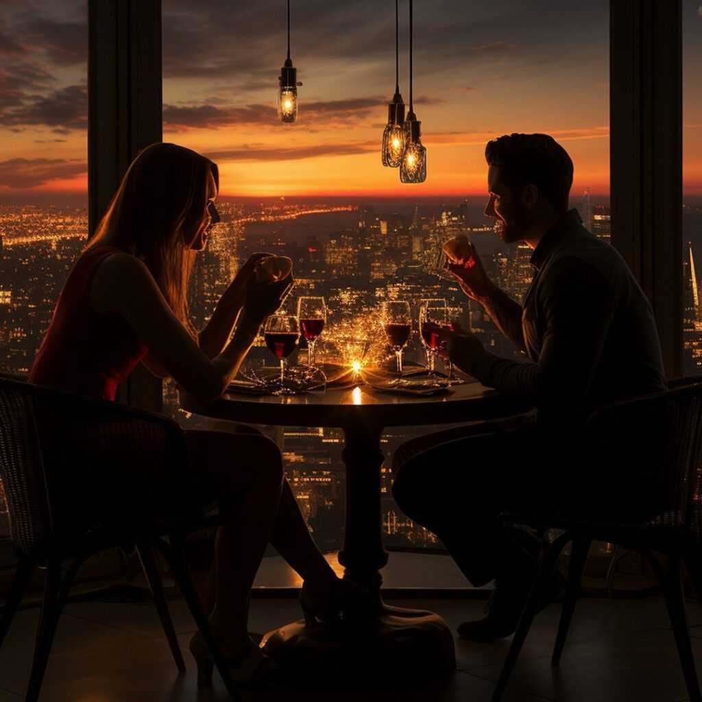Couple at romantic dinner, city sunset view, holding wine glasses.