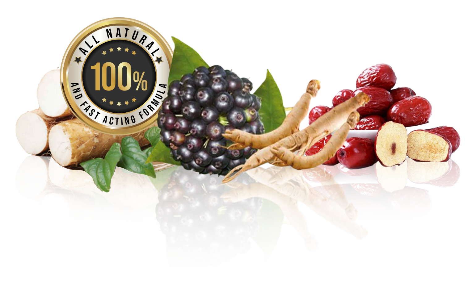 Assorted natural ingredients: ginseng, berries, dates, and other plant parts, with 