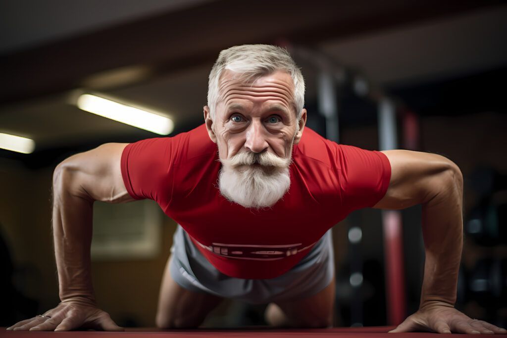 Man with a white beard doing a push-up in a gym, wearing red shirt, and grey shorts.
