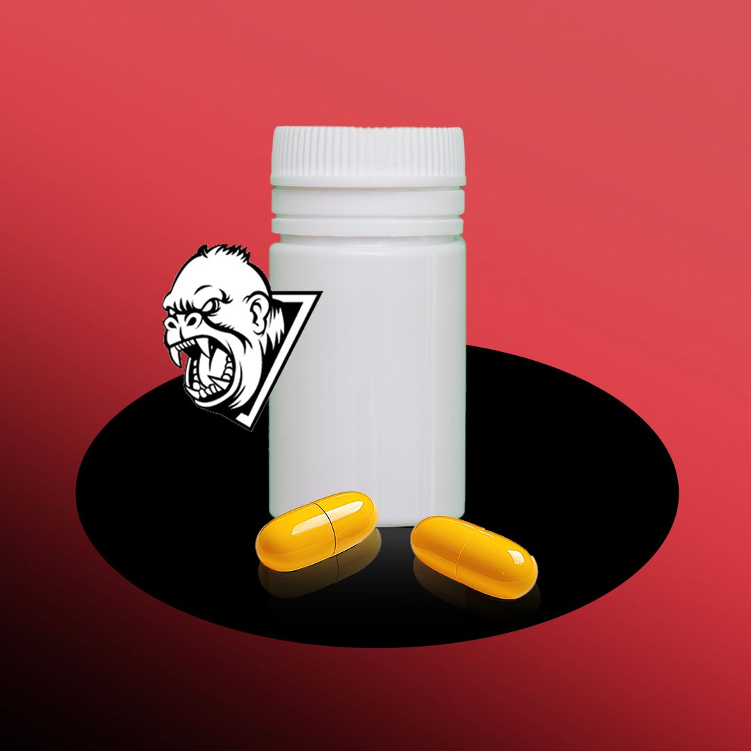 White pill bottle with two yellow capsules, gorilla logo, red background.