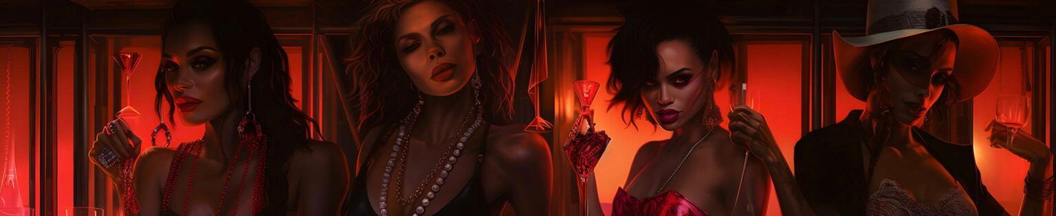 Four figures pose in a red-lit setting.