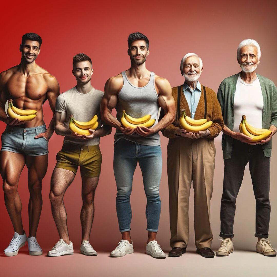 Five men of varying ages holding bunches of bananas, standing in front of a red gradient background.