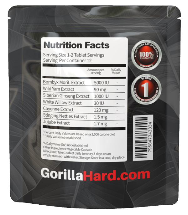 Supplement facts label for Gorilla Hard supplement, includes ingredients and serving sizes.
