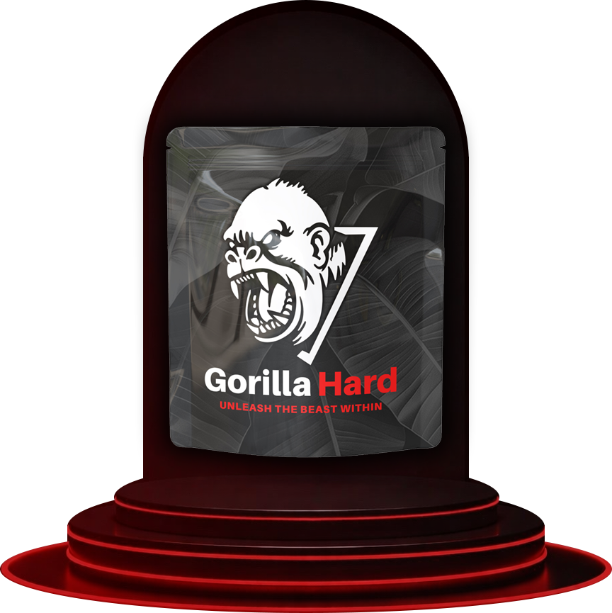 A Gorilla Hard supplement package with a gorilla graphic on display in a red-lit showcase.