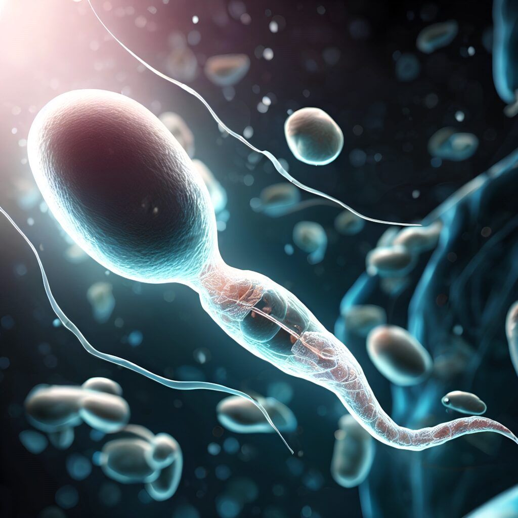 Microscopic view of a sperm cell swimming in a fluid with other cells.