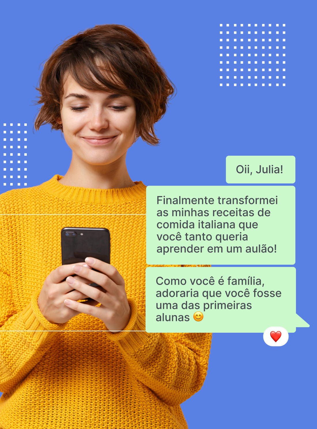 Uma mulher com um suéter amarelo está segurando um celular.