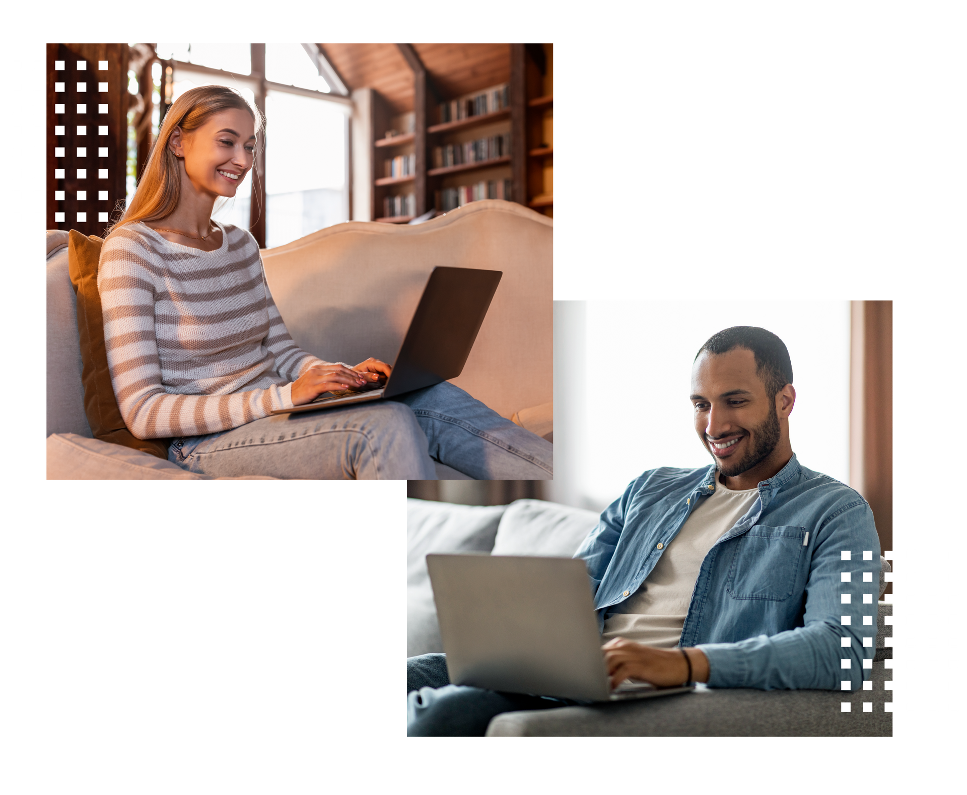 Um homem e uma mulher estão sentados em um sofá usando laptops.