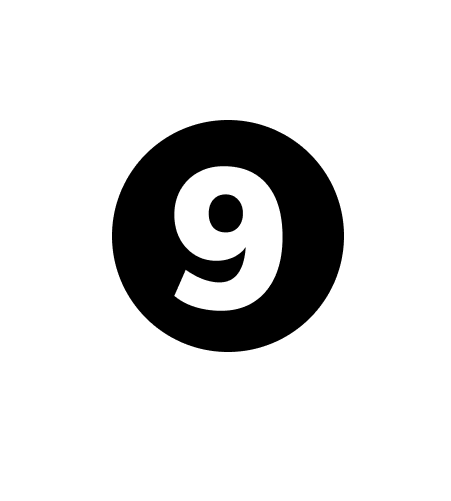 O número 9 está em um círculo preto em um fundo branco.