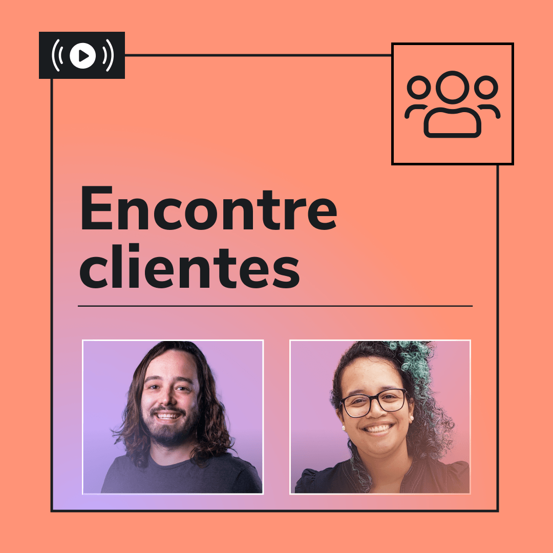 Um homem e uma mulher estão na capa de um podcast chamado encontre clientes.