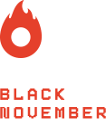 Um logotipo para a black november com uma chama vermelha e as palavras `` black november ''.