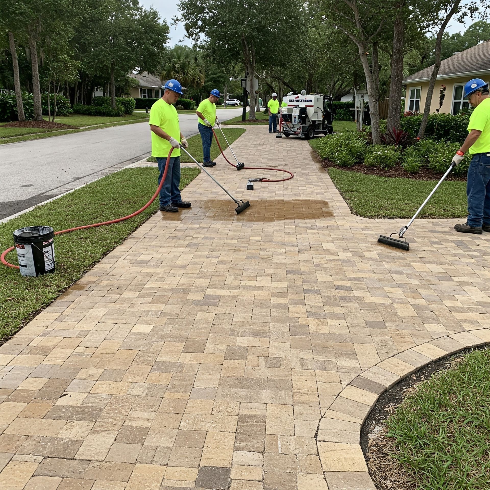 A group of men in yellow shirts are cleaning a brick walkway