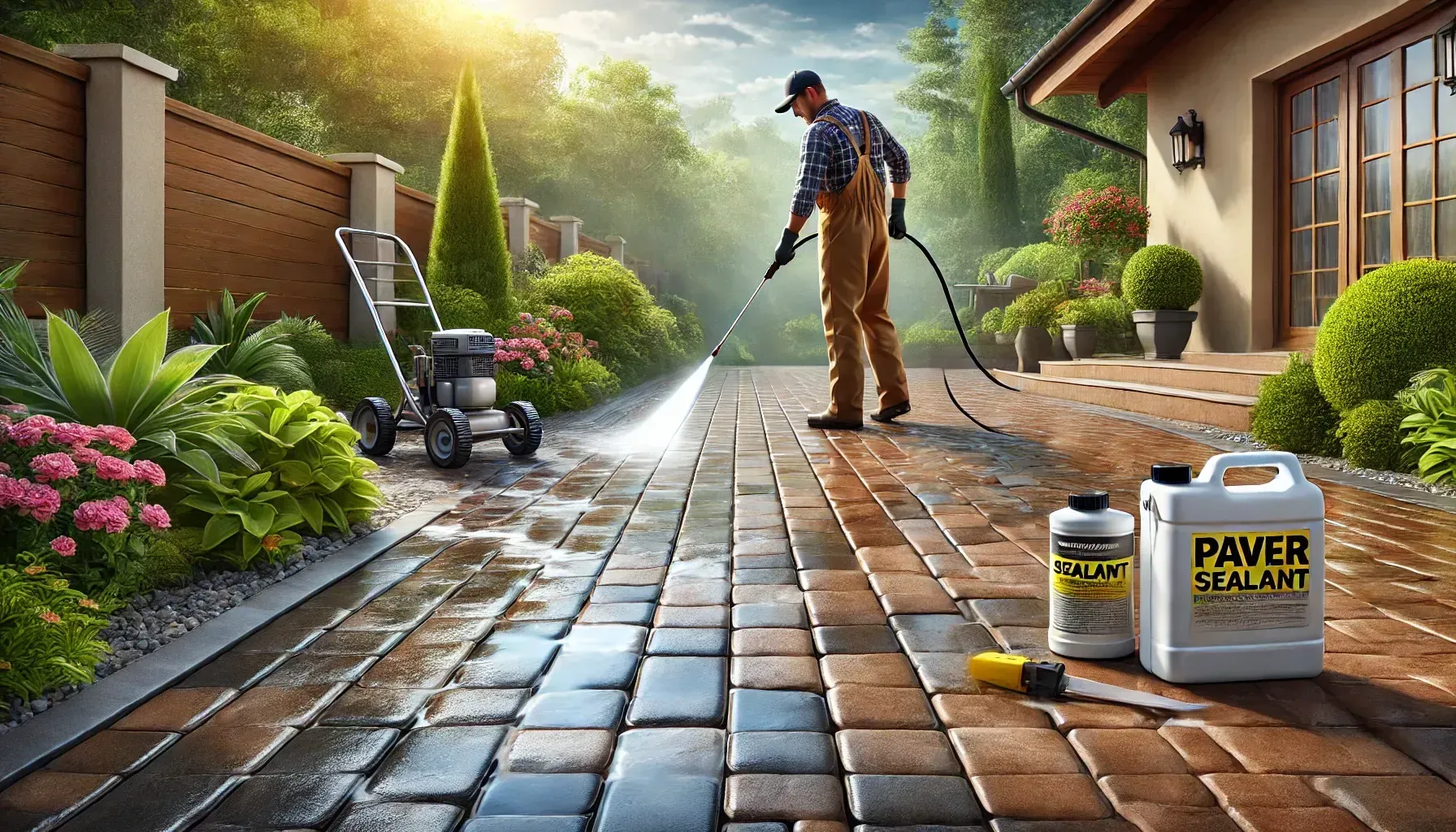 A man is cleaning a brick driveway with a high pressure washer.