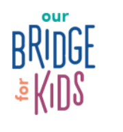 The logo for our bridge for kids is blue , pink , and green.